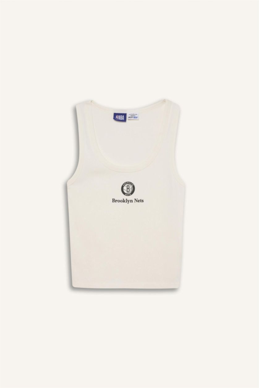 Kadın Ekru NBA Brooklyn Nets Slim Fit Dar Kesim U Yaka Ribana Sporcu Atlet