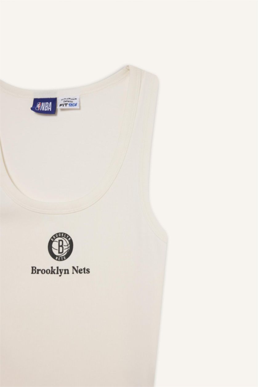 Kadın Ekru NBA Brooklyn Nets Slim Fit Dar Kesim U Yaka Ribana Sporcu Atlet
