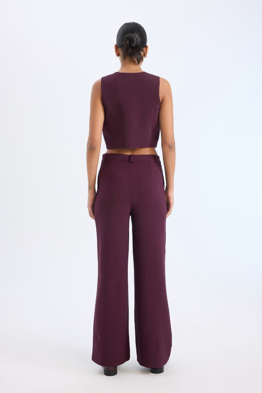 Kadın Bordo Wide Leg Kumaş Palazzo Pantolon Yüksek Bel Geniş Bol Paça