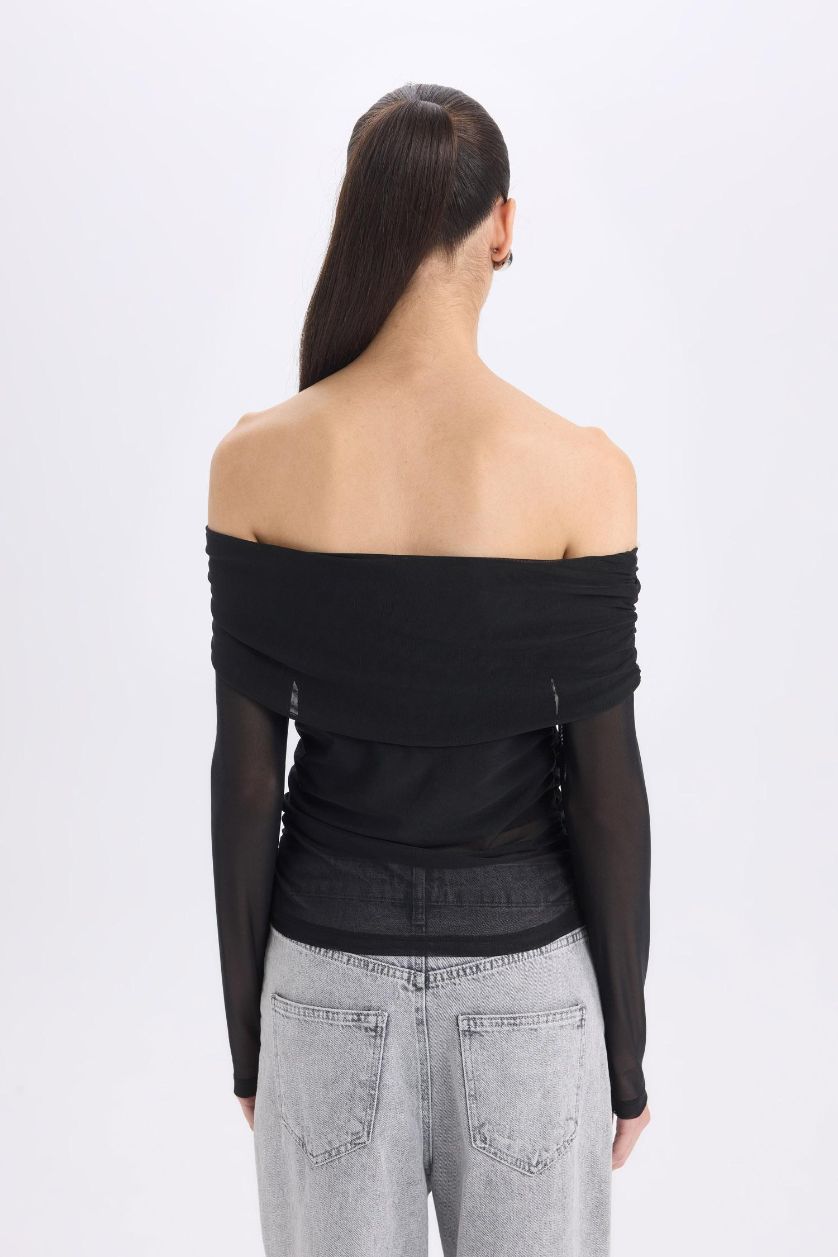 FEMME Noir T-shirt à manches longues en tulle à épaules dénudées