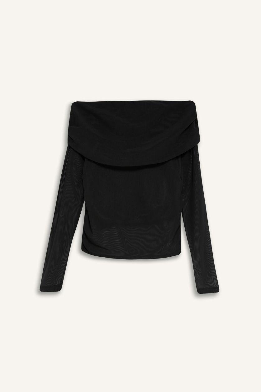 FEMME Noir T-shirt à manches longues en tulle à épaules dénudées