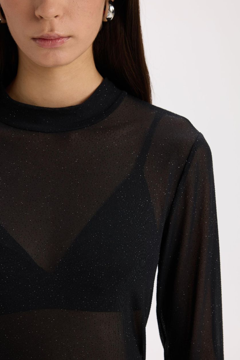 FEMME Noir T-Shirt Slim de Noël à Manches Longues et demi Col roulé