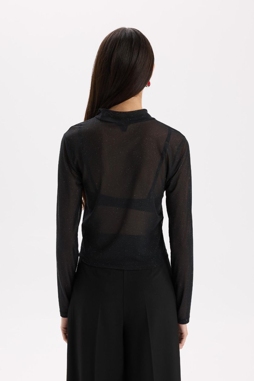 FEMME Noir T-Shirt Slim de Noël à Manches Longues et demi Col roulé