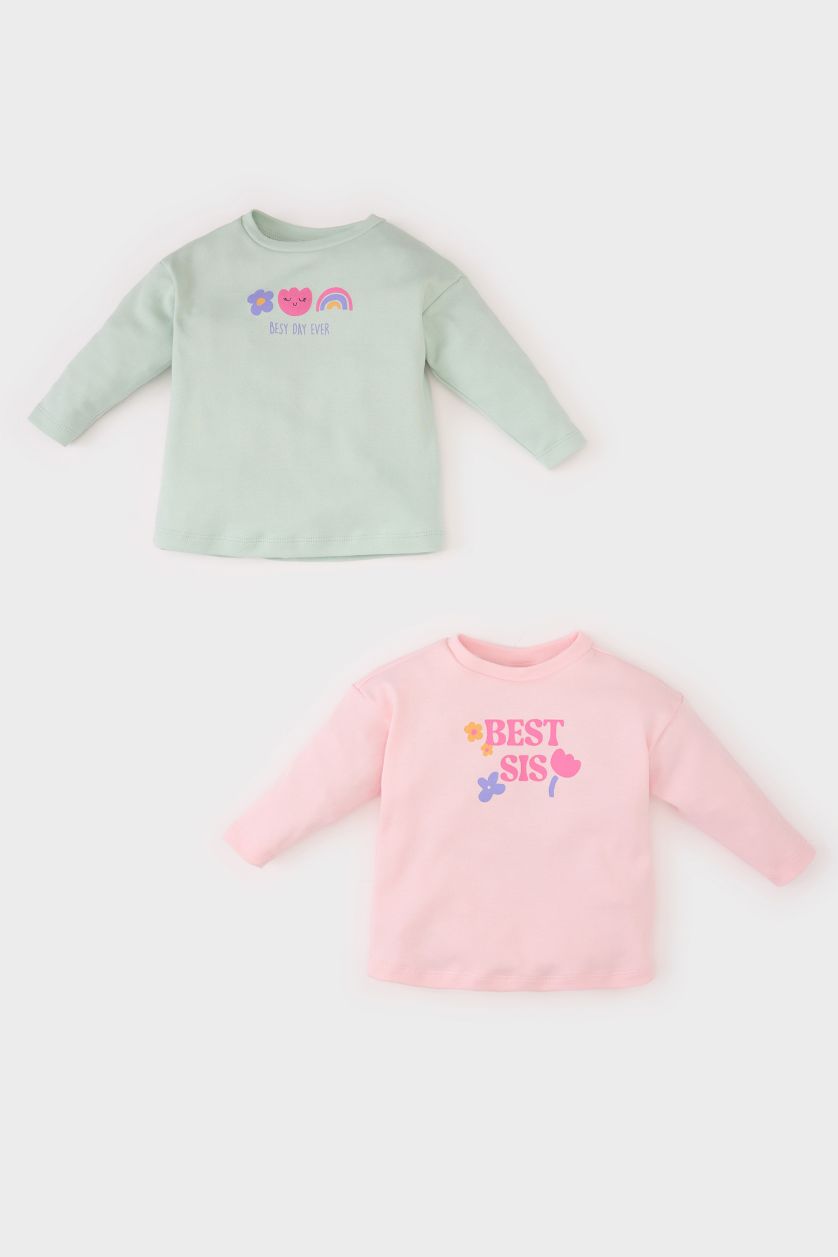 BÉBÉ FILLE Bleu Lot de 2 T-shirts imprimés à col rond et manches longues pour bébé fille