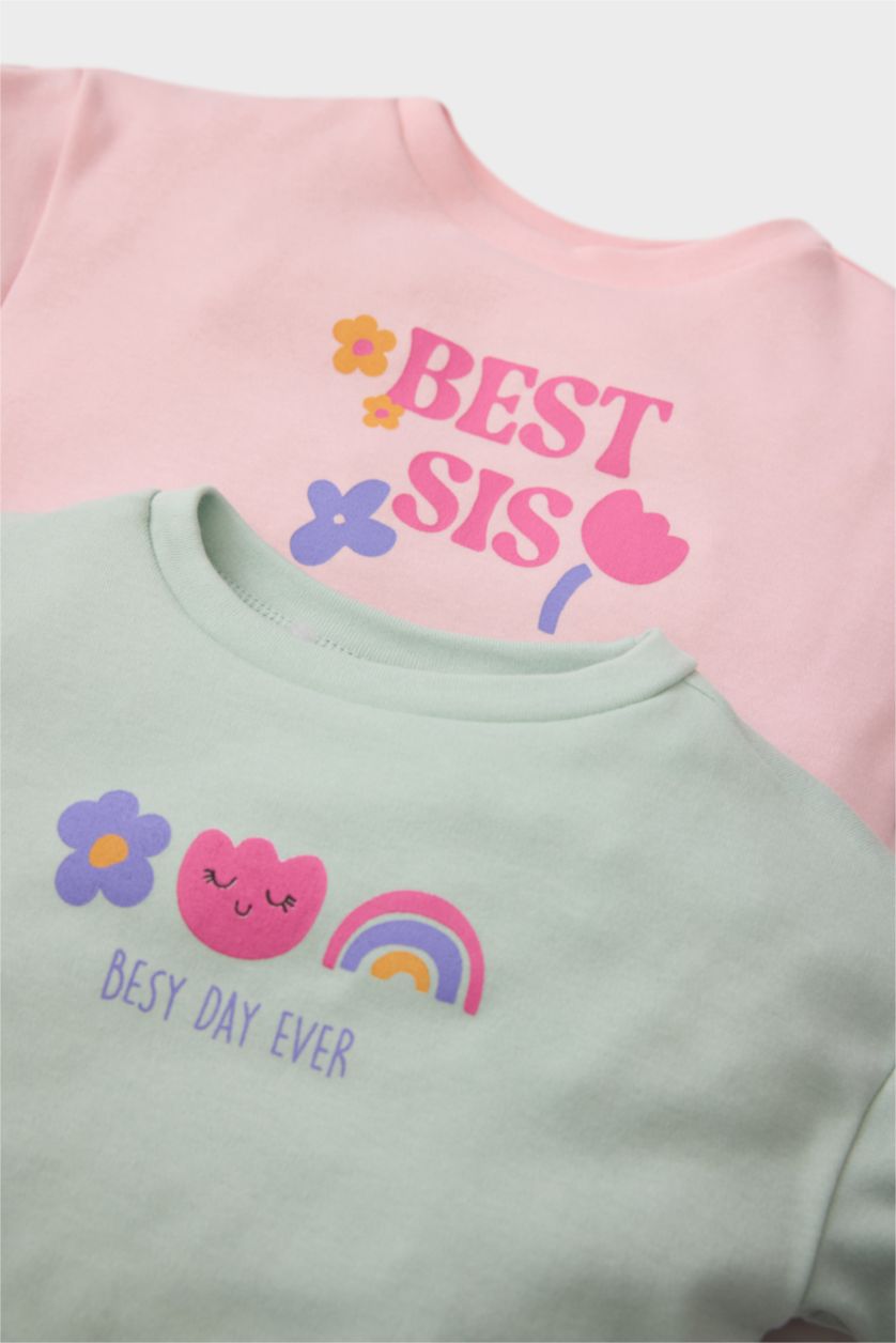 BÉBÉ FILLE Bleu Lot de 2 T-shirts imprimés à col rond et manches longues pour bébé fille