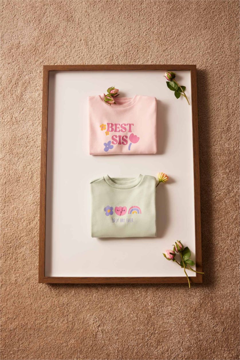 BÉBÉ FILLE Bleu Lot de 2 T-shirts imprimés à col rond et manches longues pour bébé fille
