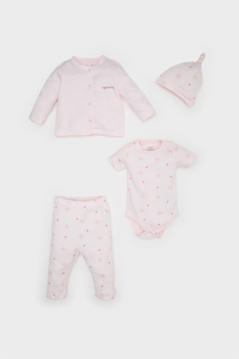BABY GIRL Light Pink Baby Girl Patterned T-Shirt Body Bottom Beanie 4 Piece Set