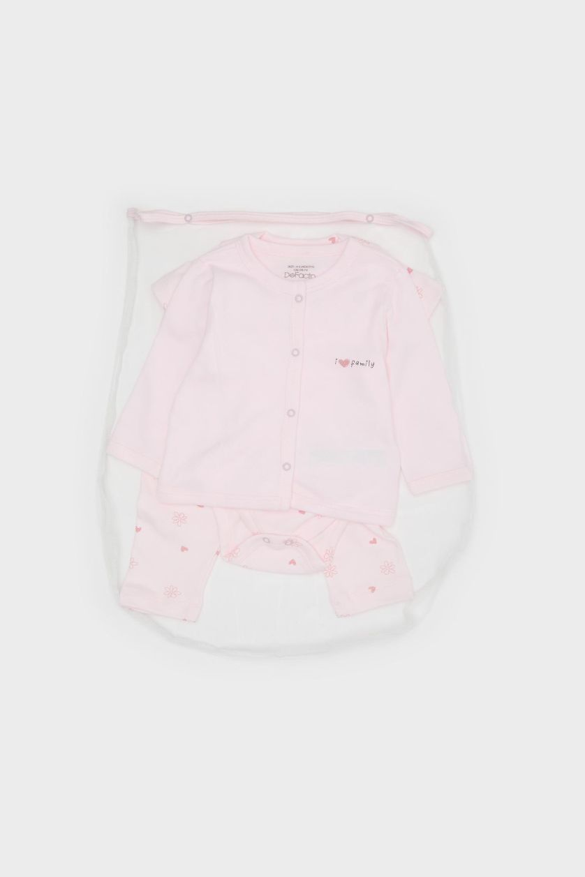 Kız Bebek Açık Pembe Hastane Çıkışı 4'lü Takım Desenli Uzun Kollu Tişört Çıtçıtlı Kısa Kollu Body Beli Lastikli Alt Bere Kız Bebek