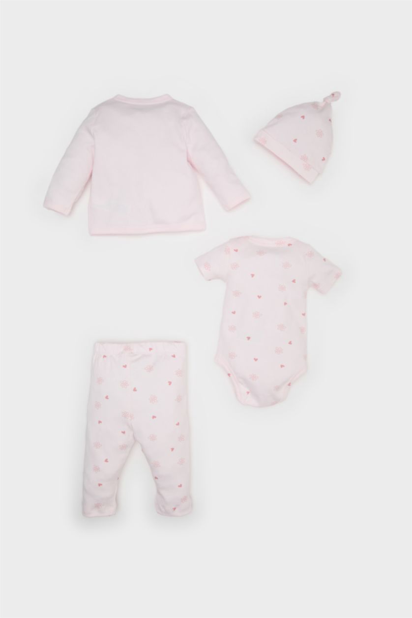 BABY GIRL Light Pink Baby Girl Patterned T-Shirt Body Bottom Beanie 4 Piece Set