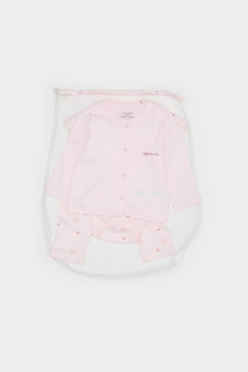 BABY GIRL Light Pink Baby Girl Patterned T-Shirt Body Bottom Beanie 4 Piece Set