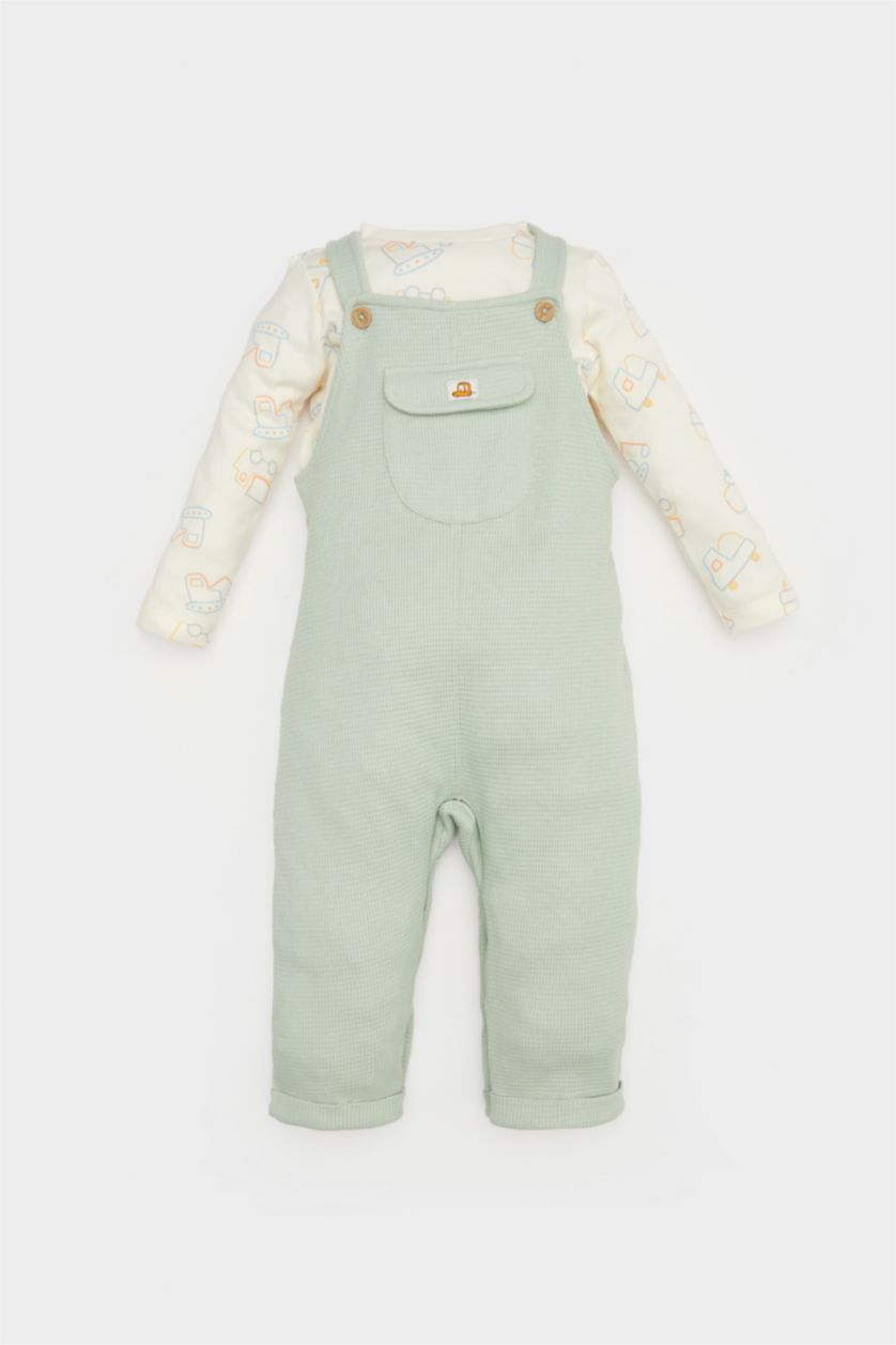 Erkek Bebek Mint Erkek Bebek 2'li Takım Araç Baskılı Waffle Uzun Kollu Tişört Salopet