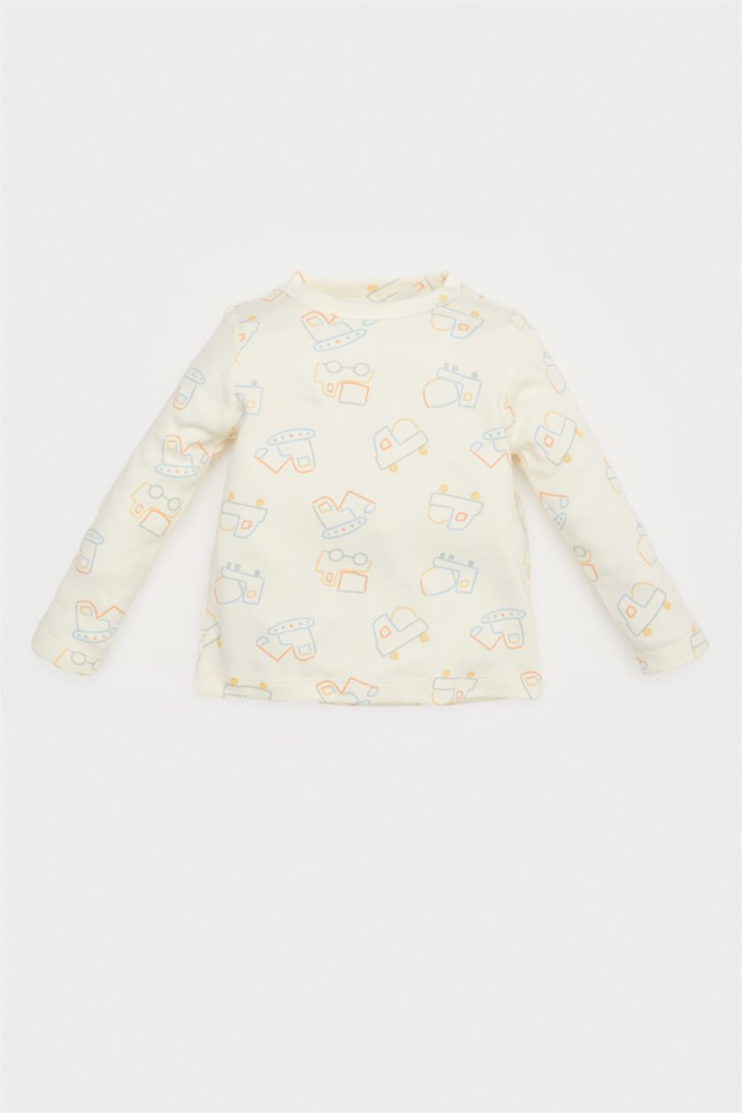 Erkek Bebek Mint Erkek Bebek 2'li Takım Araç Baskılı Waffle Uzun Kollu Tişört Salopet