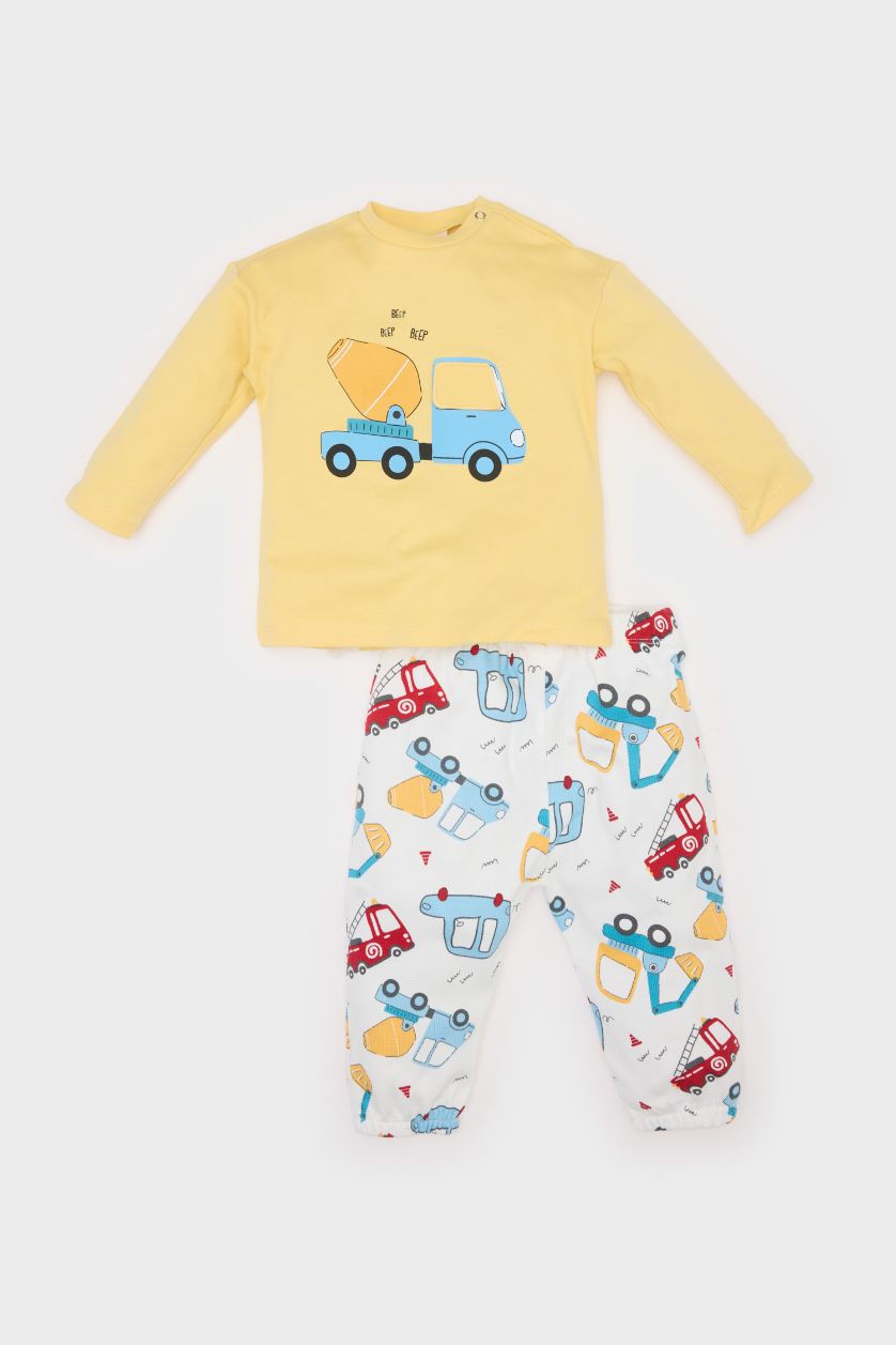 Erkek Bebek Sarı Araç Baskılı 2'li Takım Uzun Kollu Waffle Tişört Beli Lastikli Alt Erkek Bebek