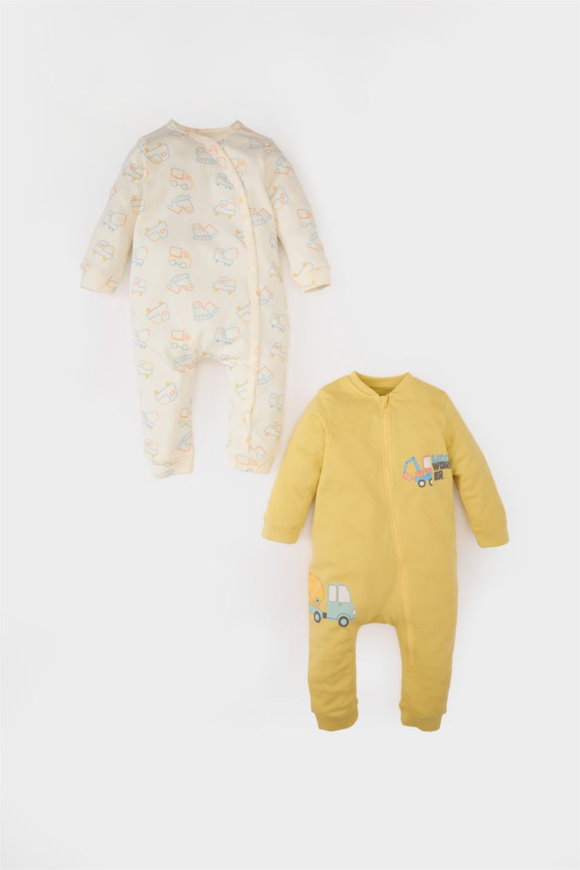 Erkek Bebek Ekru Erkek Bebek Yenidoğan Araç Baskılı 2'li Uzun Kollu Fermuarlı Tulum