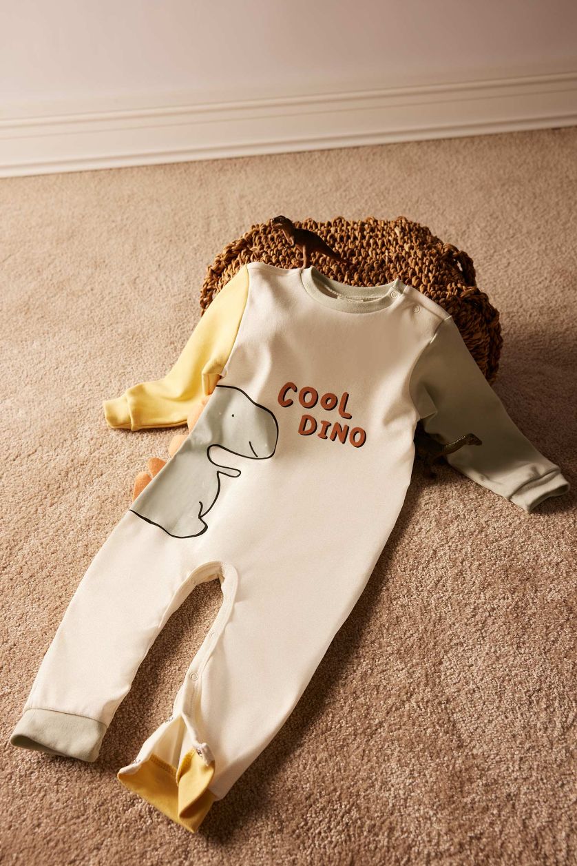 Erkek Bebek Ekru Dinozor Baskılı Uzun Kollu Tulum Erkek Bebek Yenidoğan