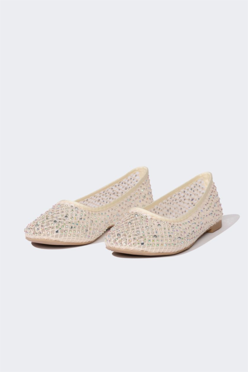 Woman Beige Woman Stoned Ballerina Flat Shoes