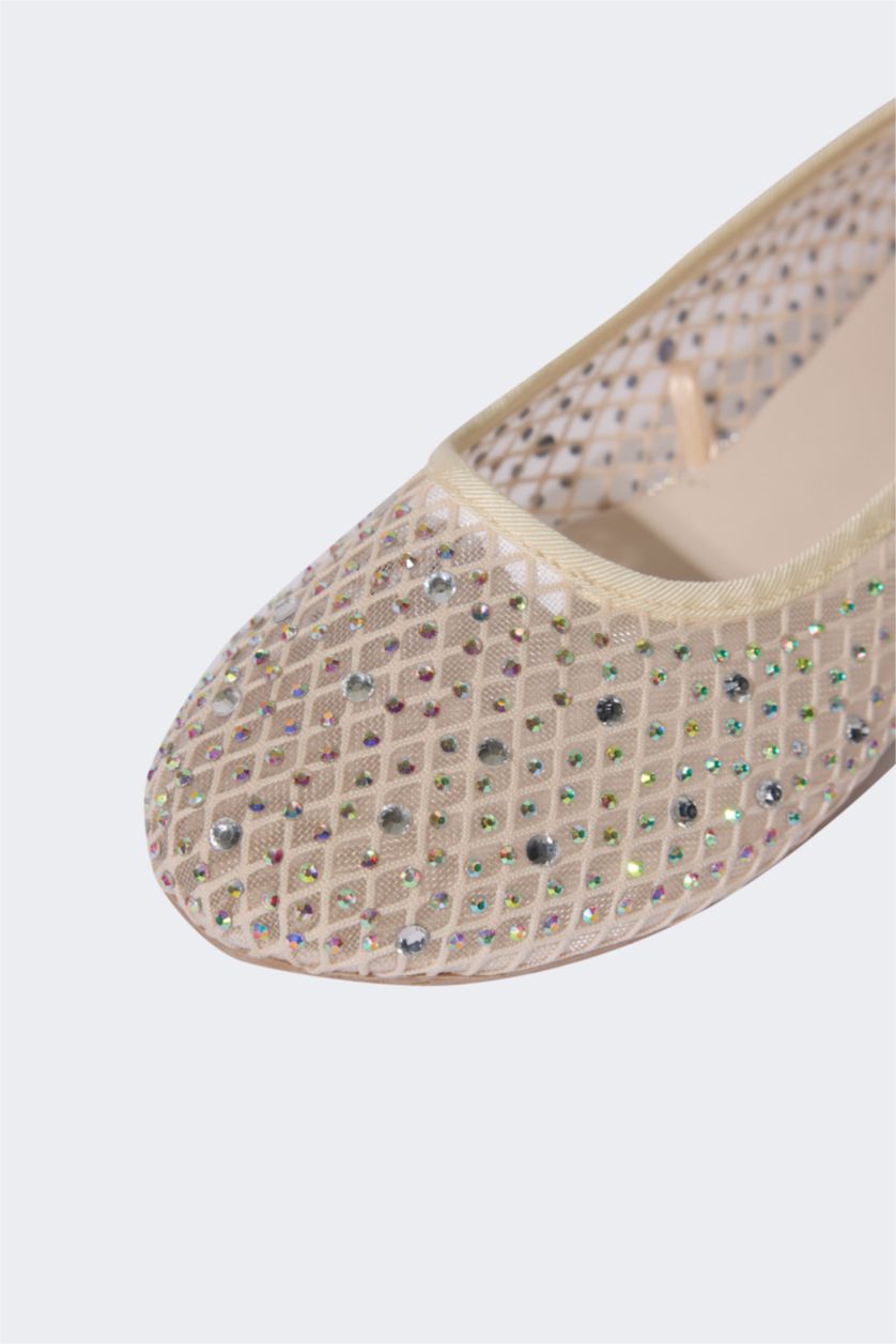 Woman Beige Woman Stoned Ballerina Flat Shoes