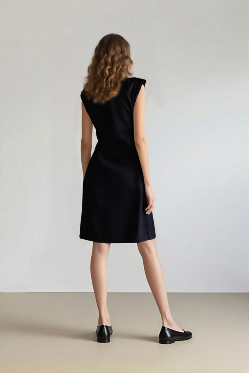 حريمي أسود فستان قصير نص كم مضلع بوديكون برقبة مستديرة