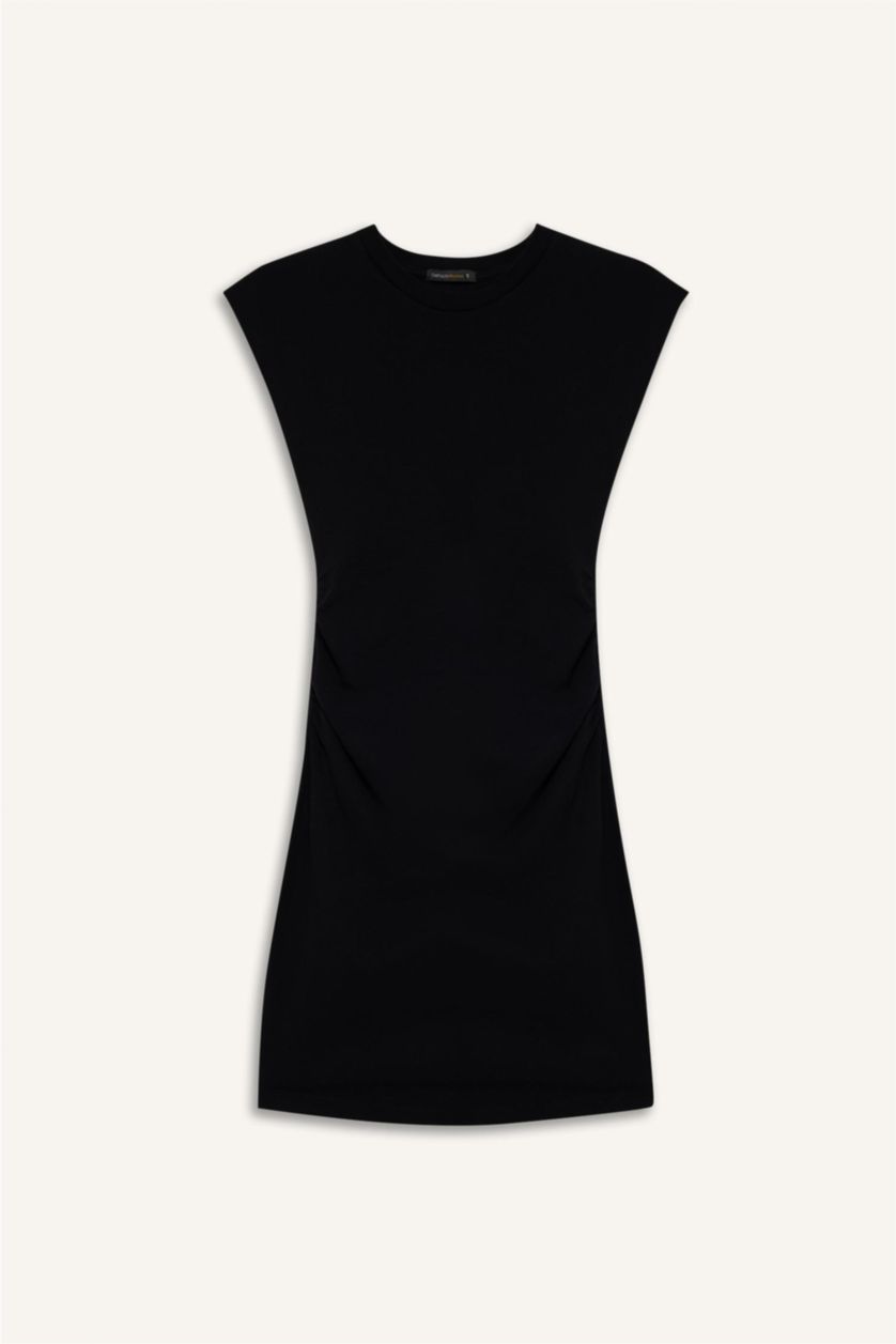 حريمي أسود فستان قصير نص كم مضلع بوديكون برقبة مستديرة