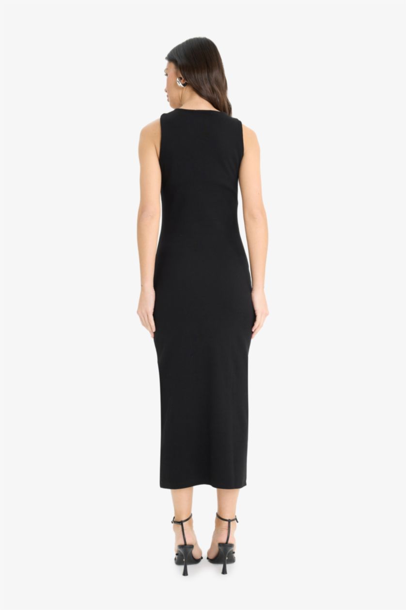 حريمي أسود فستان طويل مضلع سليم فيت نص كم بوديكون برقبة مستديرة