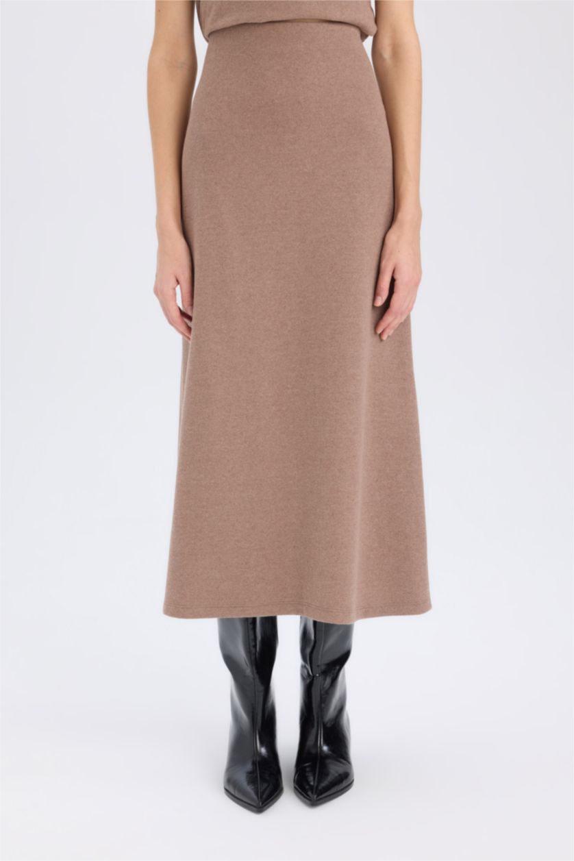 Kadın Kahve Melanj Selanik Kumaş 2'li Takım Kısa Kollu Üst Beli Lastikli Midi Etek