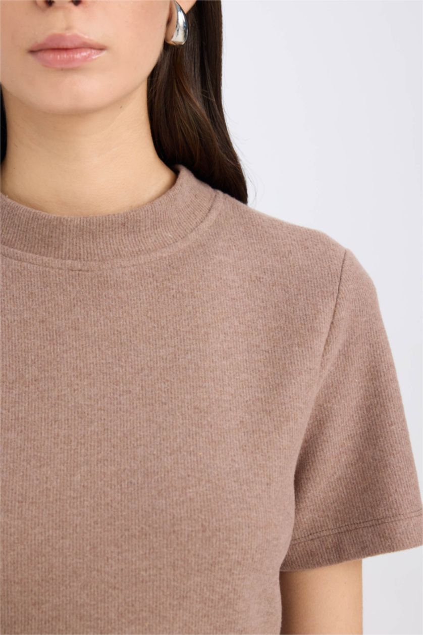 Kadın Kahve Melanj Selanik Kumaş 2'li Takım Kısa Kollu Üst Beli Lastikli Midi Etek