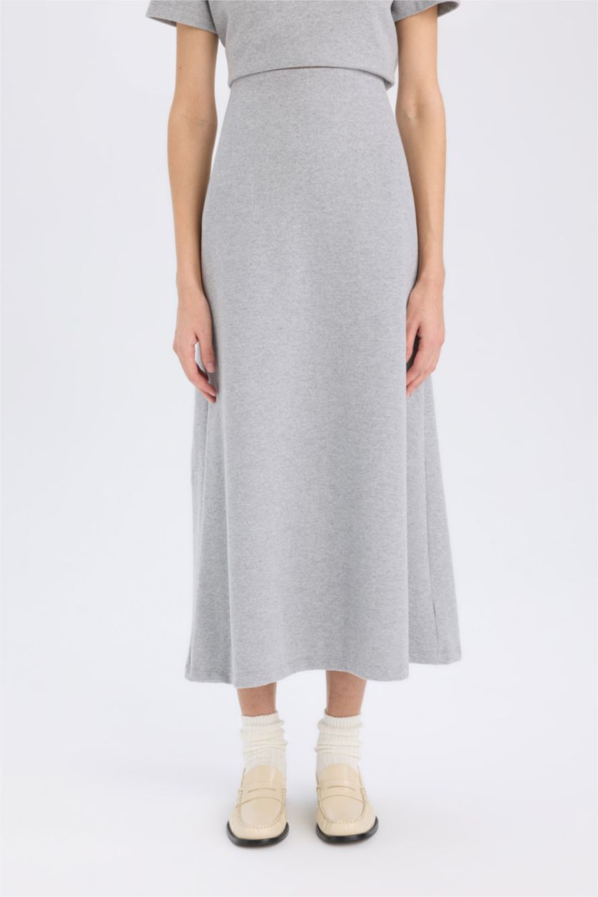 Kadın Gri Melanj Selanik Kumaş 2'li Takım Kısa Kollu Üst Beli Lastikli Midi Etek