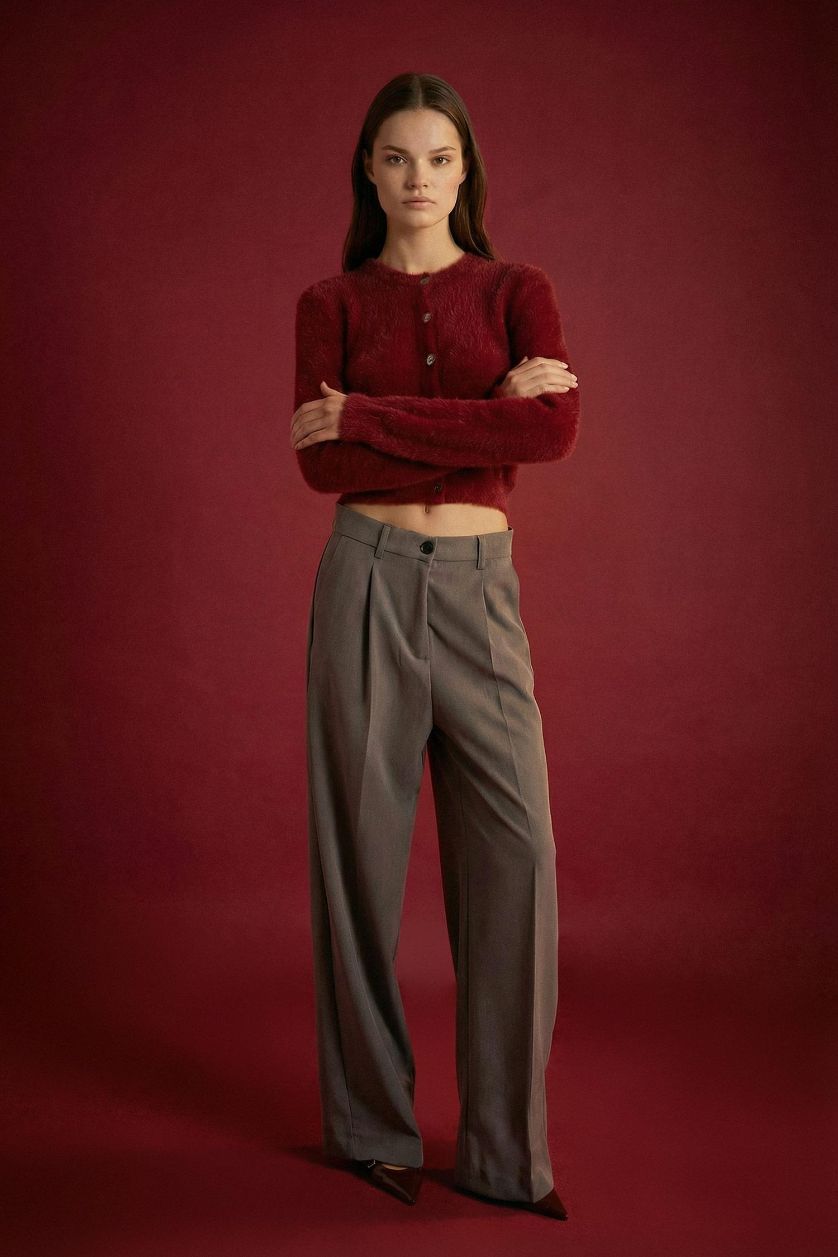 Kadın Bordo Regular Fit Bisiklet Yaka Düğmeli Triko Bordo Hırka