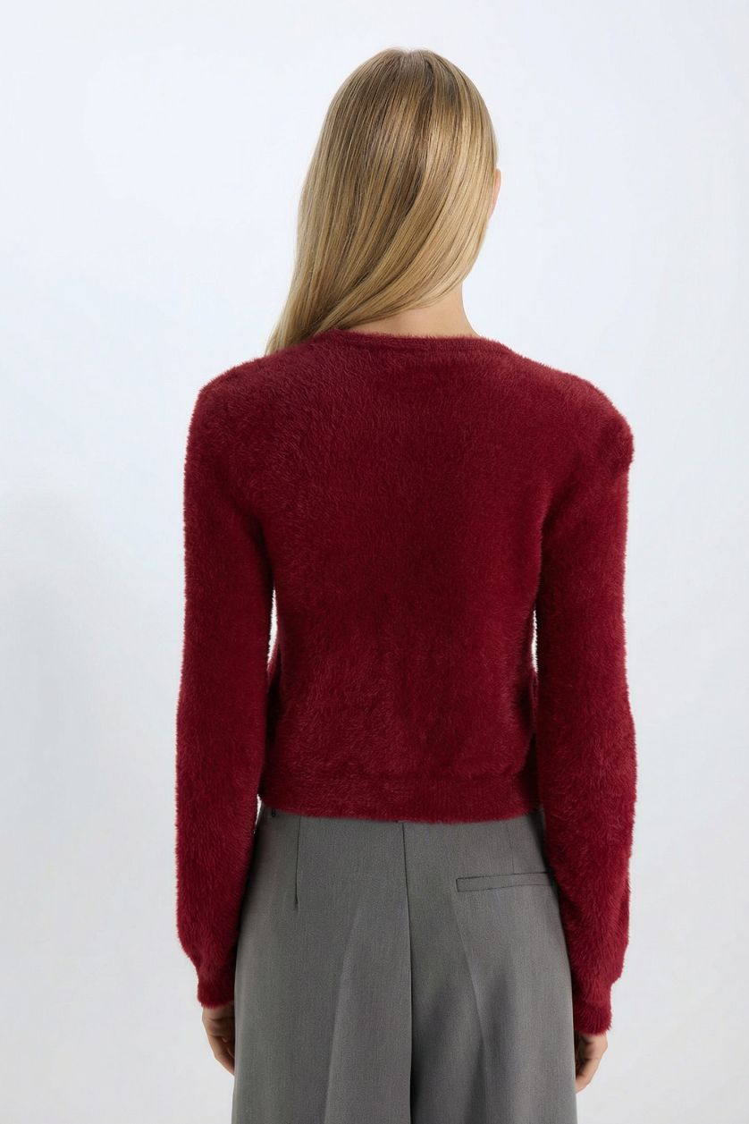 Kadın Bordo Regular Fit Bisiklet Yaka Düğmeli Triko Bordo Hırka