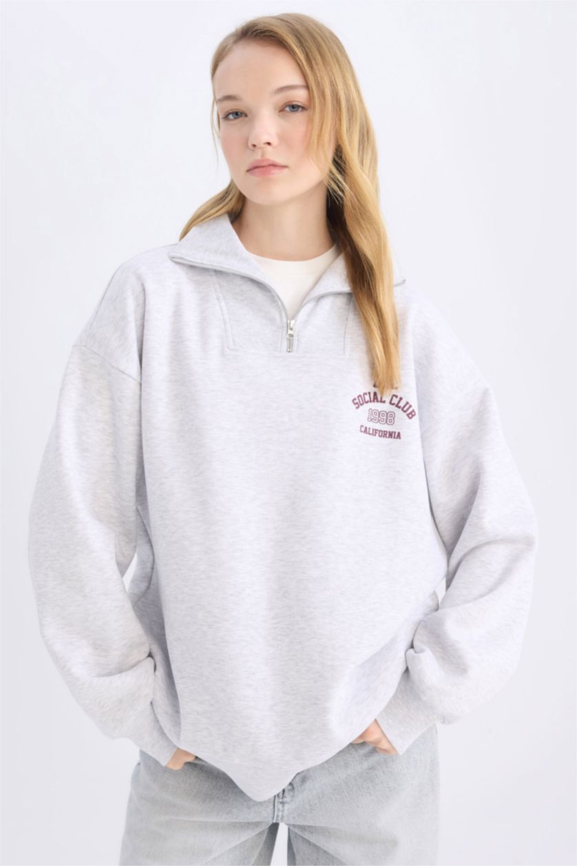 Kadın Gri Melanj Oversize Geniş Kalıp Basic Düz Sweatshirt