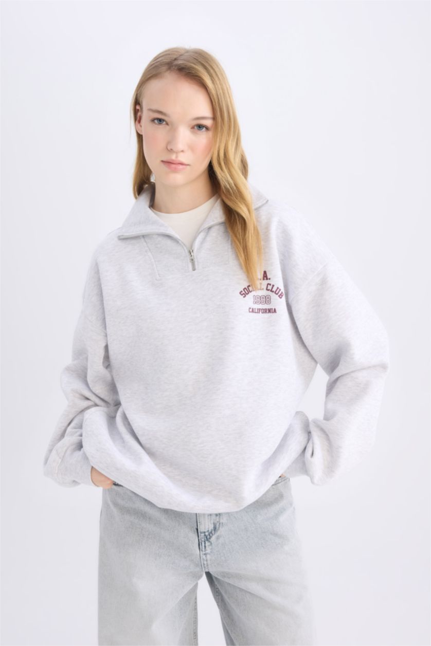 Kadın Gri Melanj Oversize Geniş Kalıp Basic Düz Sweatshirt