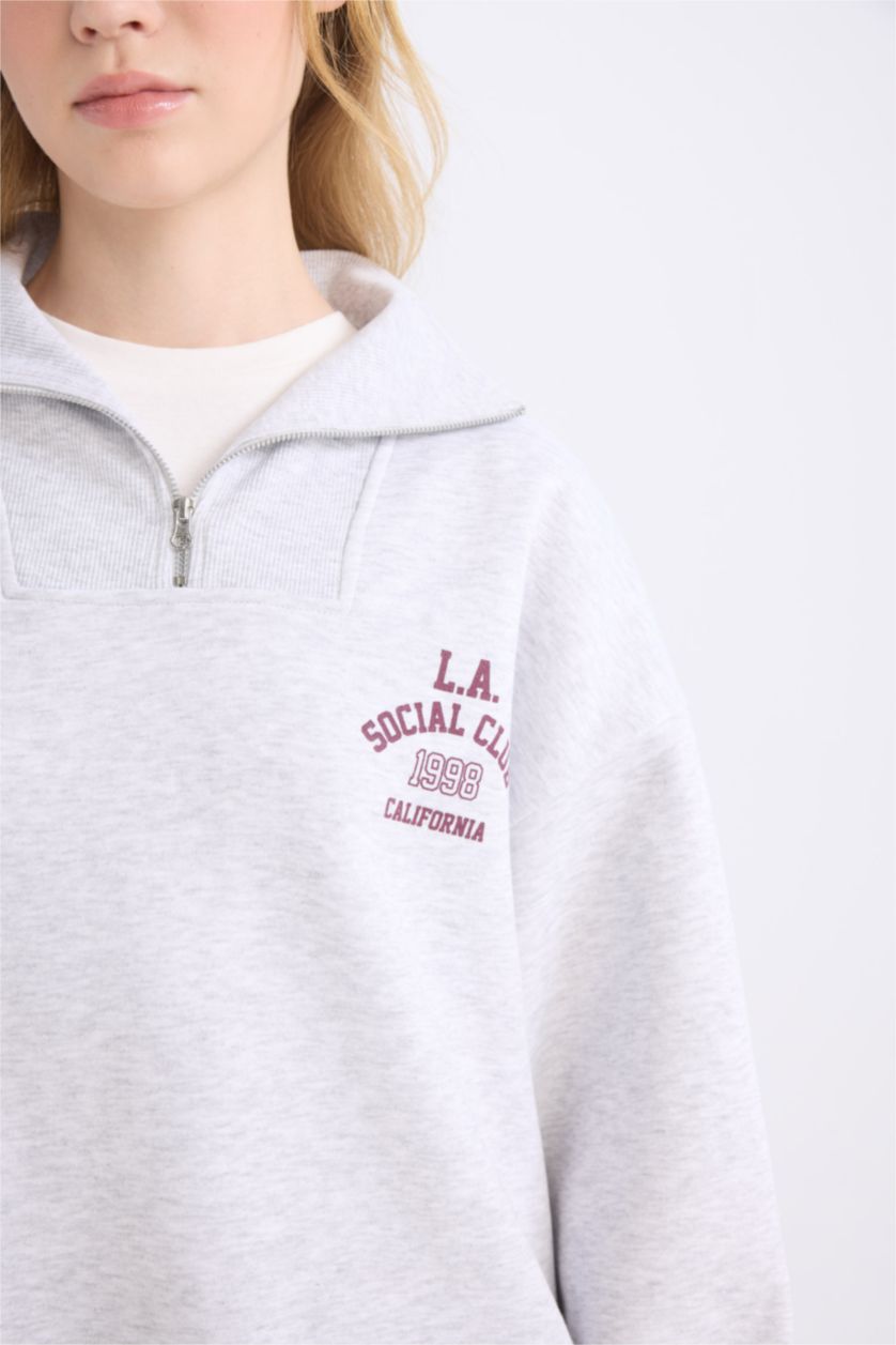 Kadın Gri Melanj Oversize Geniş Kalıp Basic Düz Sweatshirt