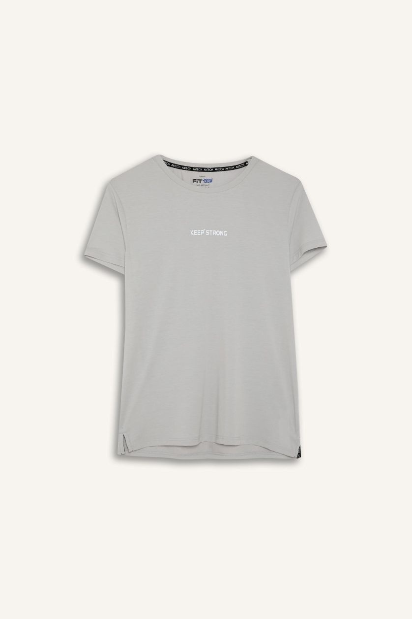 Erkek Açık Gri Esnek Kumaş Slim Fit Dar Kesim Bisiklet Yaka Sporcu Kısa Kollu Tişört