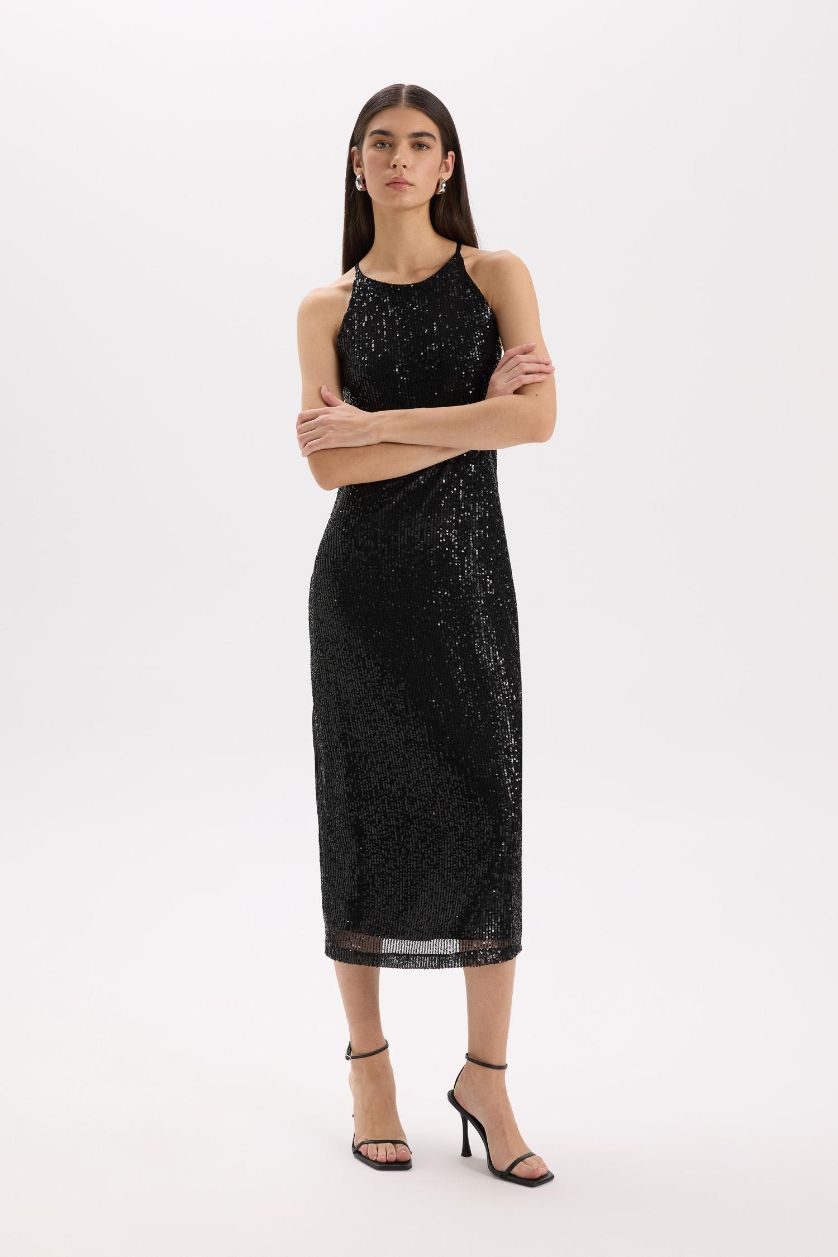 نساء أسود فستان نص كم ماكسي بالترتر بدون كم برقبة هالتر