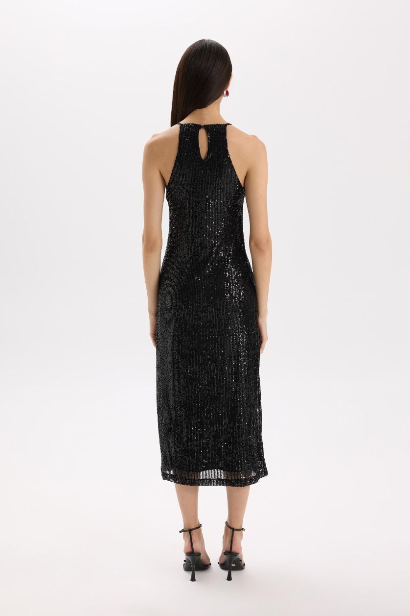 نساء أسود فستان نص كم ماكسي بالترتر بدون كم برقبة هالتر