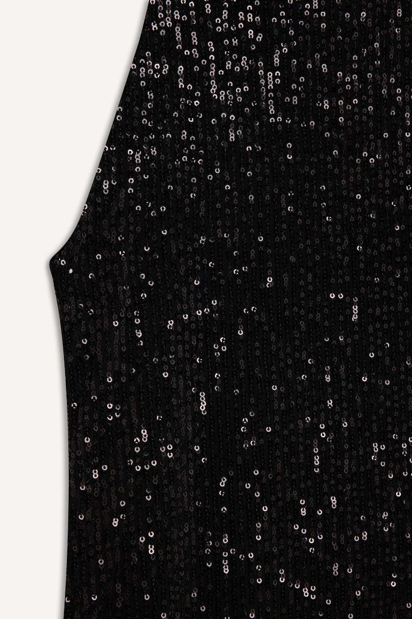 نساء أسود فستان نص كم ماكسي بالترتر بدون كم برقبة هالتر