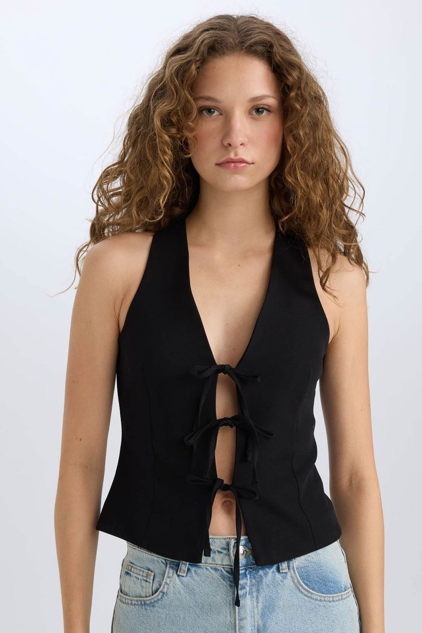 WOMAN Black Christmas Themed V Neck Tied Blazer Vest