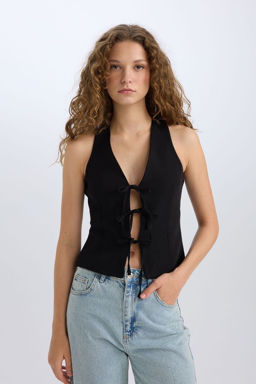 WOMAN Black Christmas Themed V Neck Tied Blazer Vest