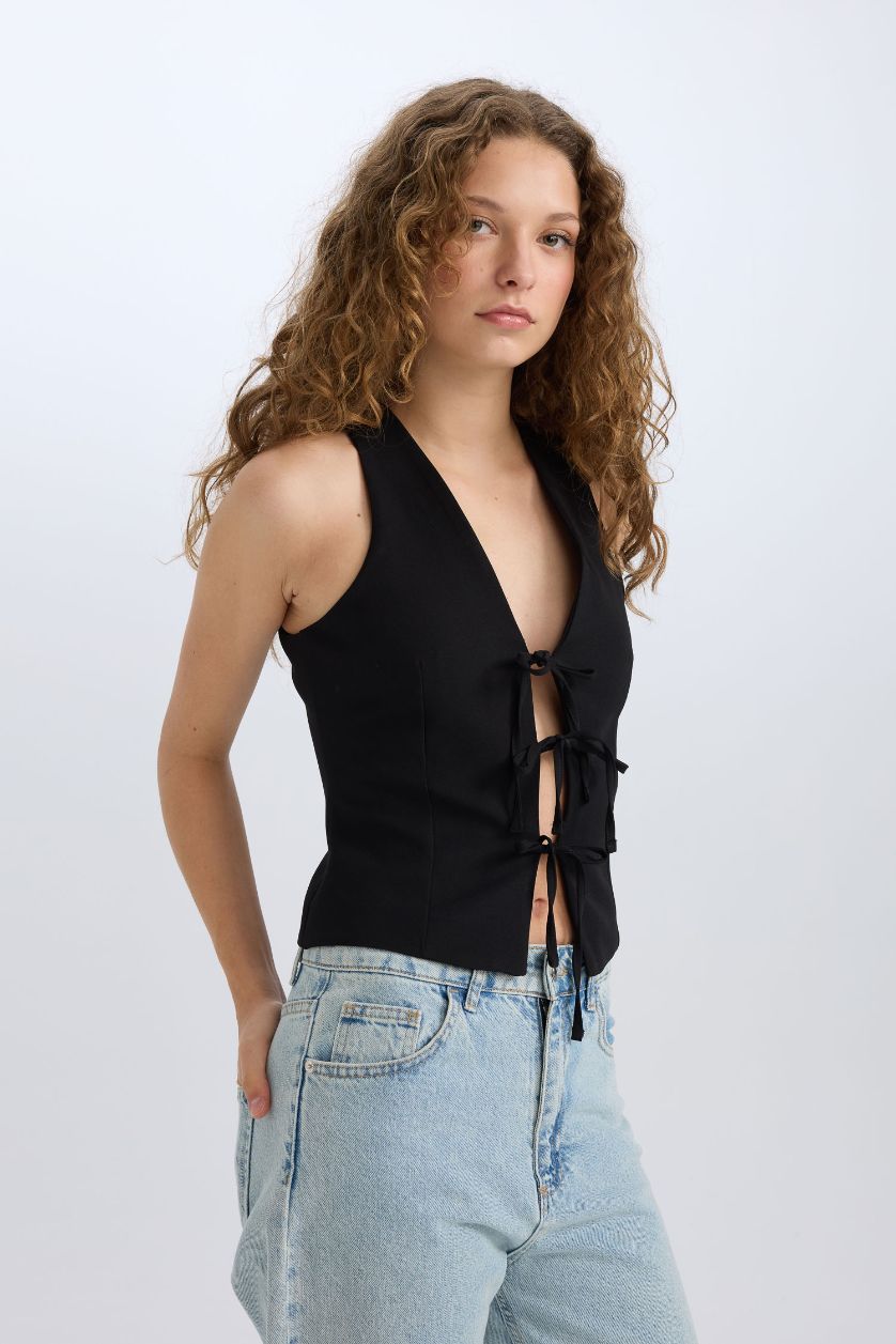 WOMAN Black Christmas Themed V Neck Tied Blazer Vest