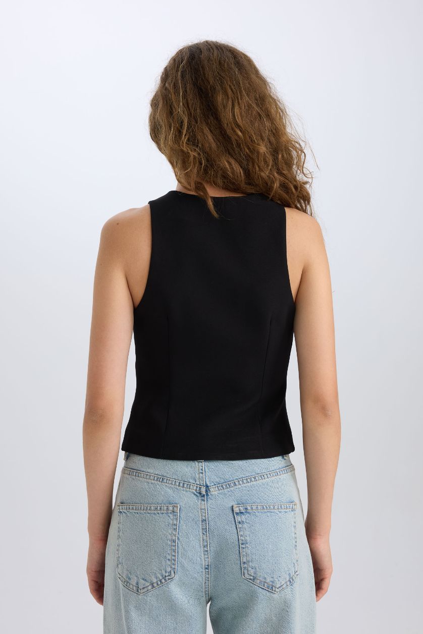 WOMAN Black Christmas Themed V Neck Tied Blazer Vest