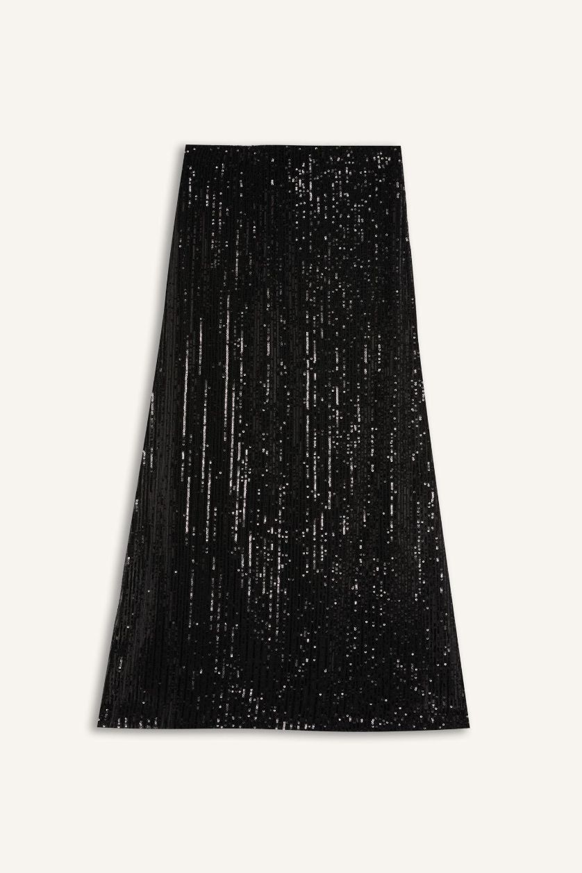 Kadın Siyah A Kesim Normal Bel Payetli Kumaş Maxi Etek