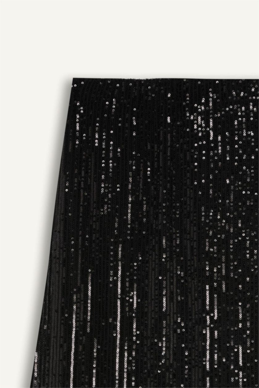 Kadın Siyah A Kesim Normal Bel Payetli Kumaş Maxi Etek