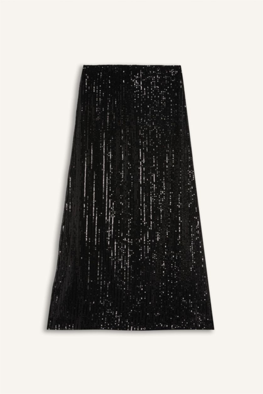 Kadın Siyah A Kesim Normal Bel Payetli Kumaş Maxi Etek