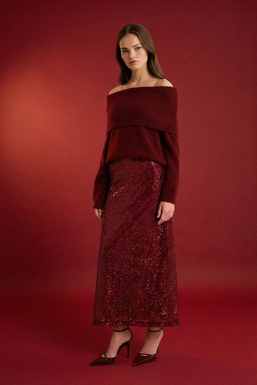 Kadın Bordo A Kesim Normal Bel Payetli Kumaş Maxi Etek