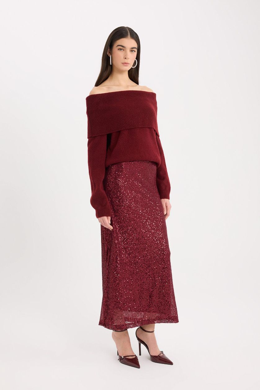 Kadın Bordo A Kesim Normal Bel Payetli Kumaş Maxi Etek