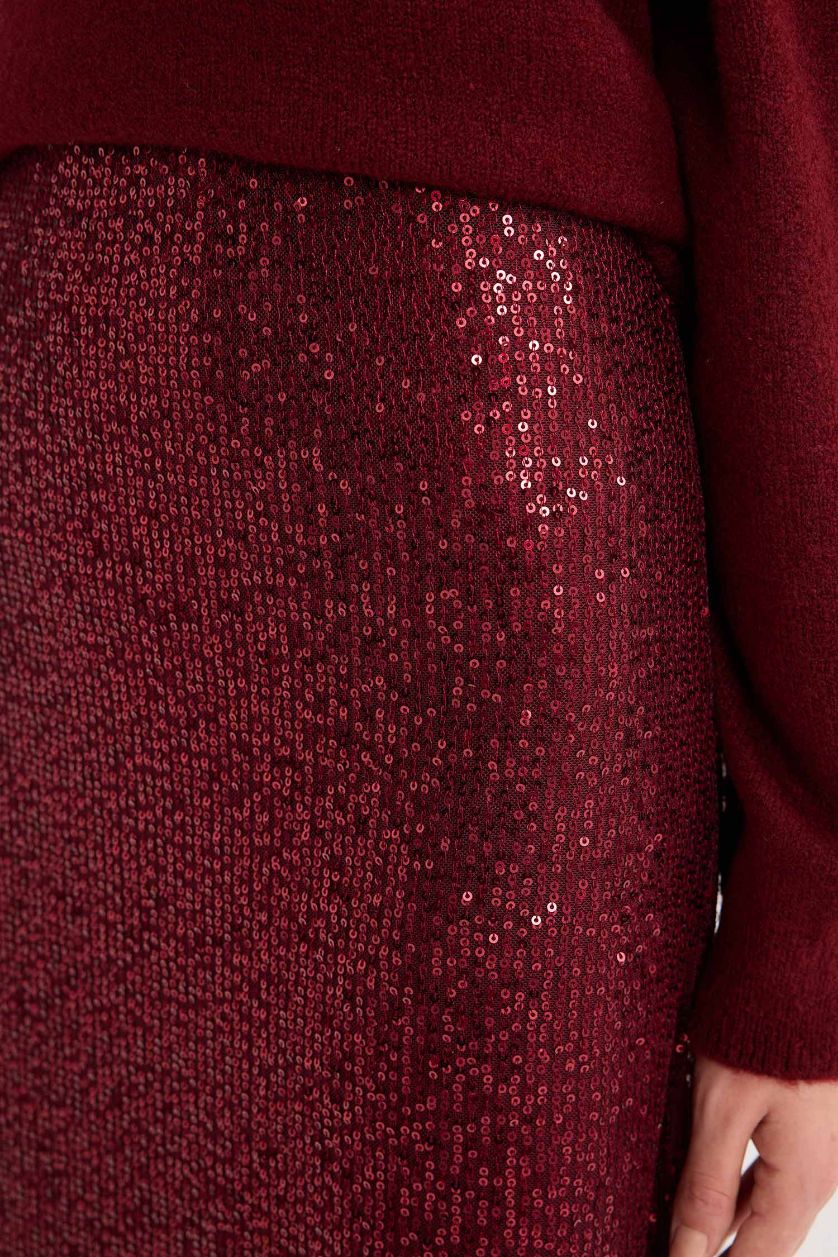 Kadın Bordo A Kesim Normal Bel Payetli Kumaş Maxi Etek