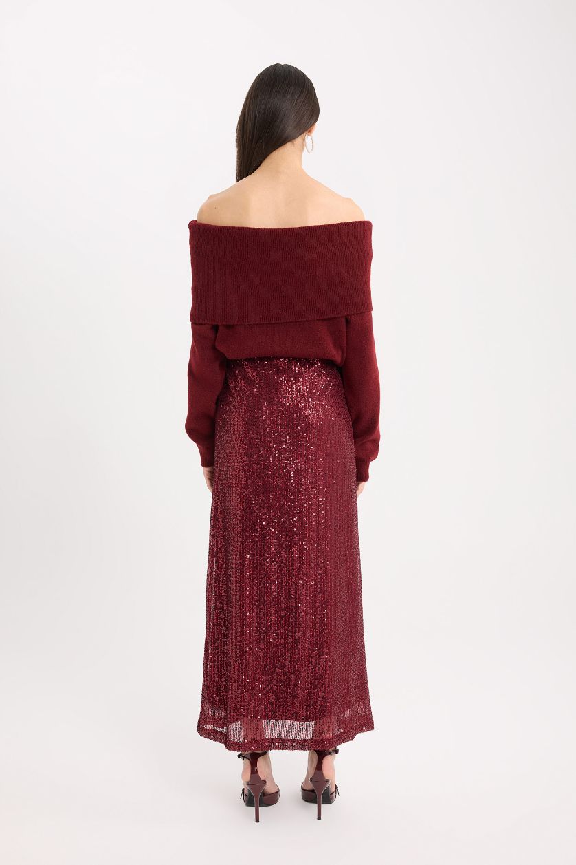 Kadın Bordo A Kesim Normal Bel Payetli Kumaş Maxi Etek