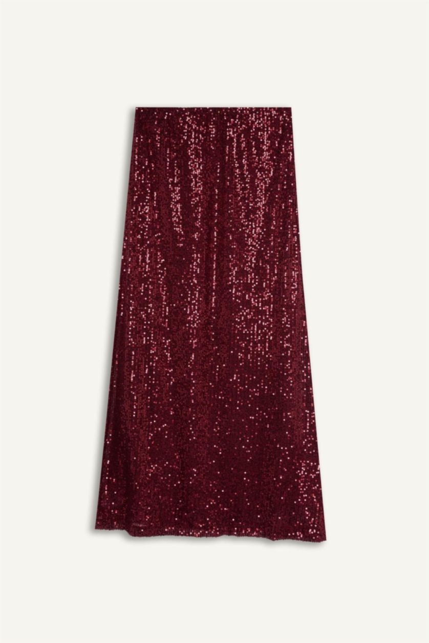 Kadın Bordo A Kesim Normal Bel Payetli Kumaş Maxi Etek