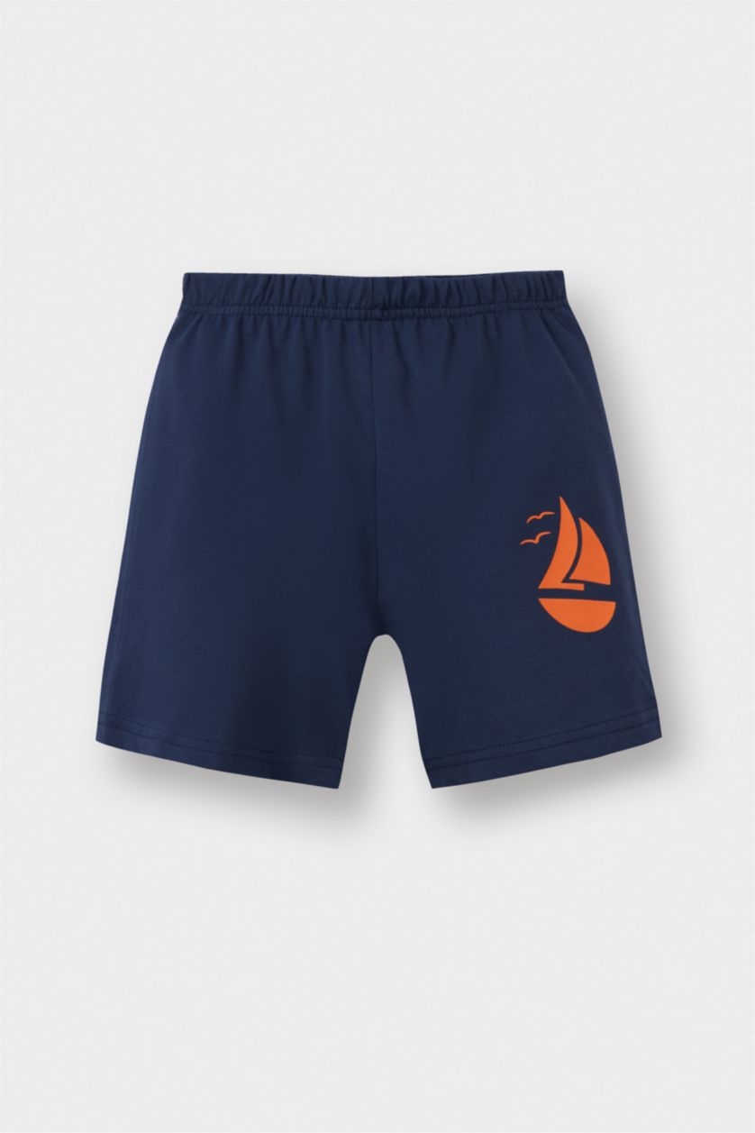 Erkek Bebek Lacivert 2'li Takım Deniz Baskılı Atlet Beli Lastikli Şort Erkek Bebek