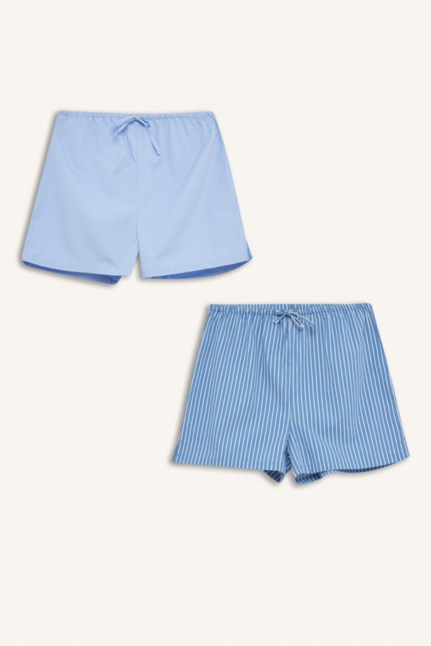 Kadın Mavi Çizgili Kısa Boy Poplin 2'li Şort Alt